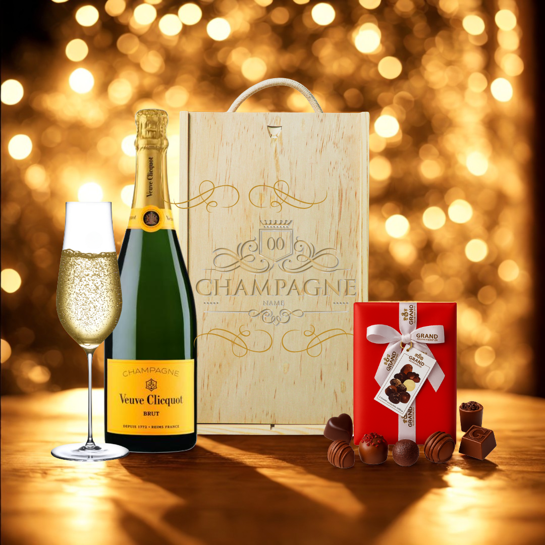 Personalised Veuve Clicquot Champagne Gift Set in Wooden Presentation Gift Box - 75cl