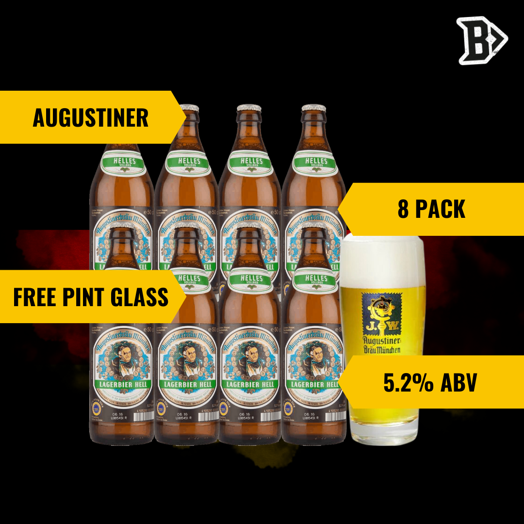 Augustiner Helles 500ml Bottles with Free Augustiner Pint Glass (8 Pack) - 5.2% ABV