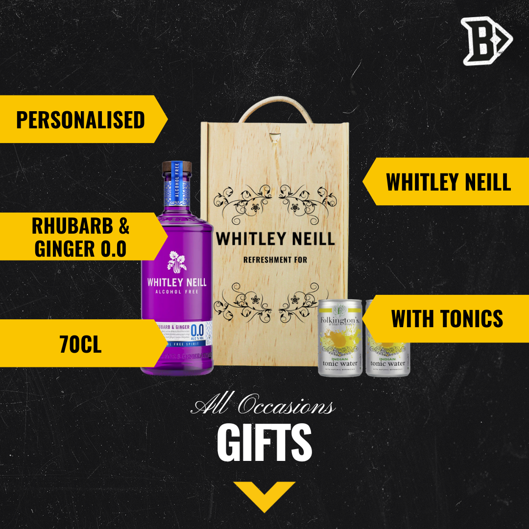 Personalised Whitley Neill Rhubarb & Ginger 0.0 Alcohol-Free Gin & Tonic Gift Set In Wooden Box – 0.0% ABV (70cl)