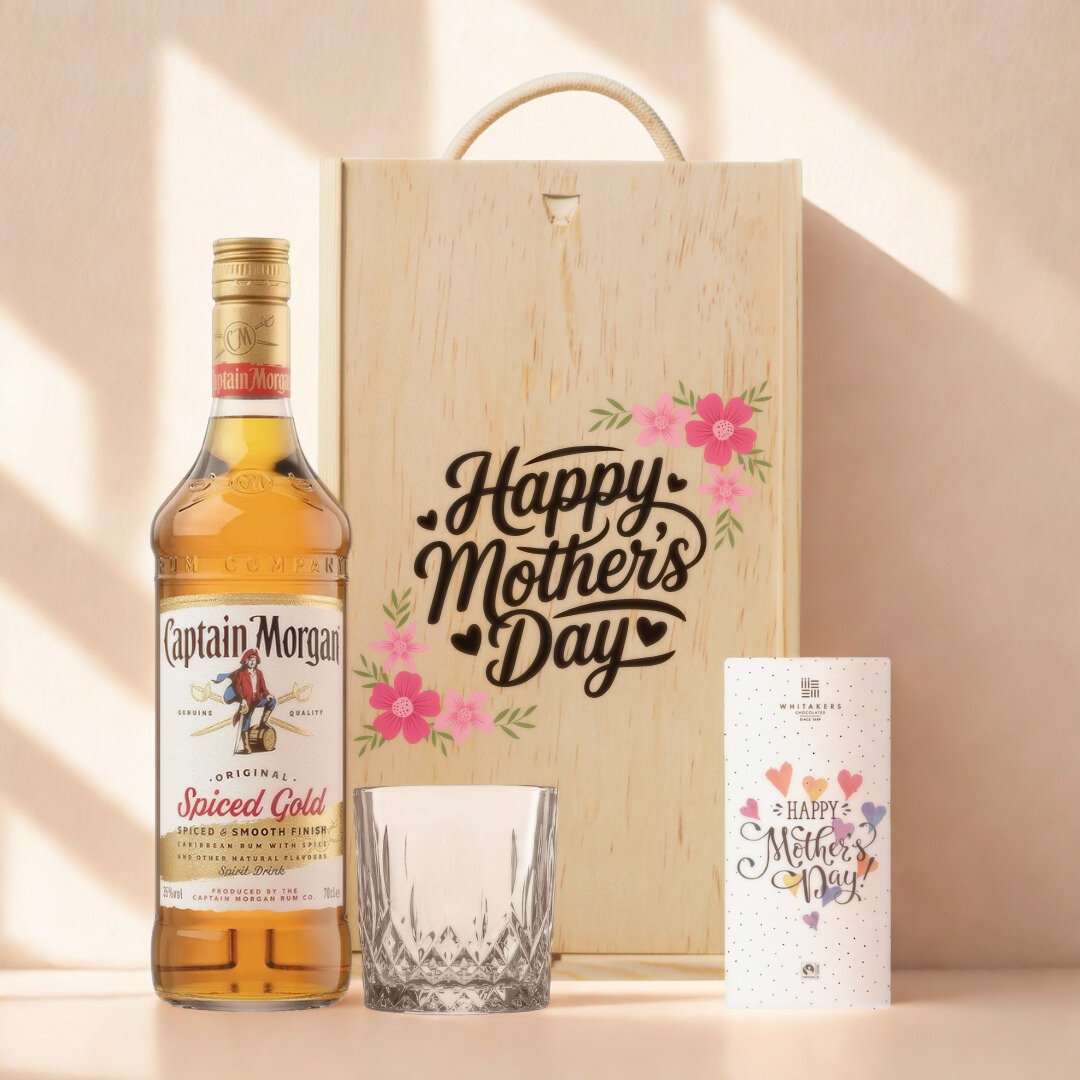 Mother’s Day Captain Morgan Spiced Rum Gift Set (70cl) with Glass & Chocolate – Luxury Mother’s Day Gift for Mum UK