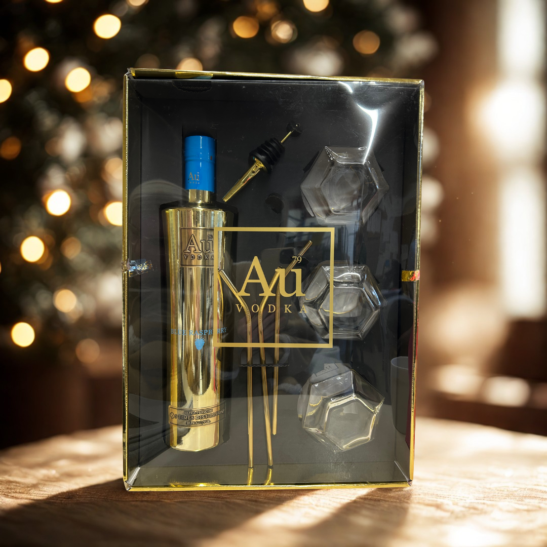 AU Blue Raspberry Vodka, Pour Spouts and Diamond Glasses Gift Set – 35.2% ABV (70cl)
