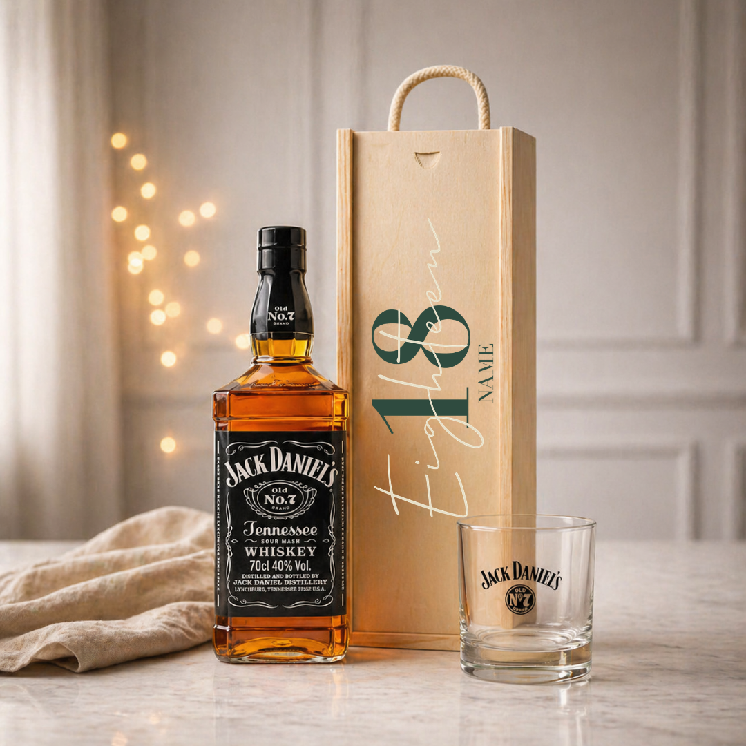 Personalised 18th Birthday Whisky Gift Set with Glass & Personalised Lid (Choose JD, Glenfiddich, Haig Club & More) 70cl