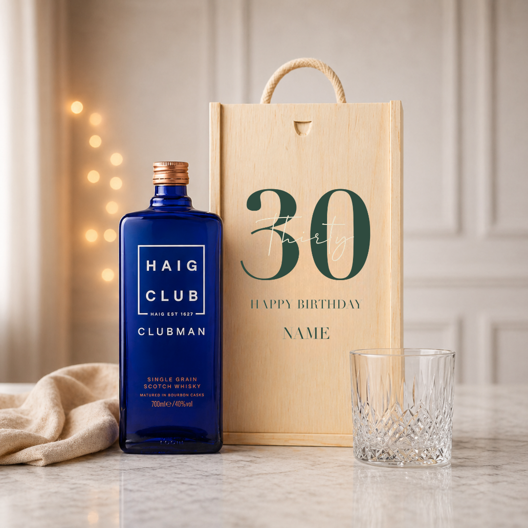Personalised 30th Birthday Whisky Gift Set with Glass & Personalised Lid (Choose JD, Glenfiddich, Haig Club & More) – 70cl