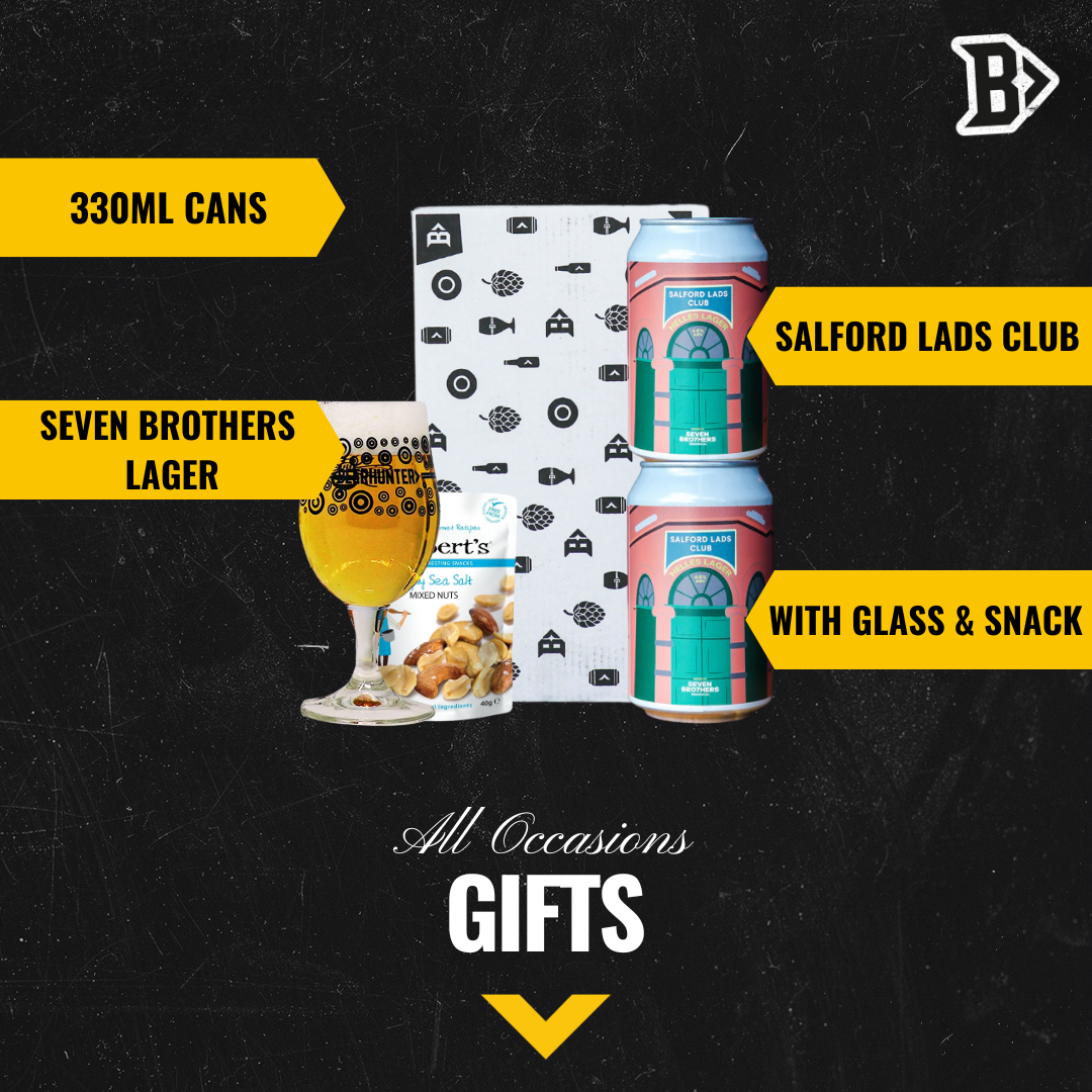 Salford Lads Club x Seven Bro7hers Helles Lager 2-Can Gift Set with Beerhunter Glass – 4.6% ABV (330ml)