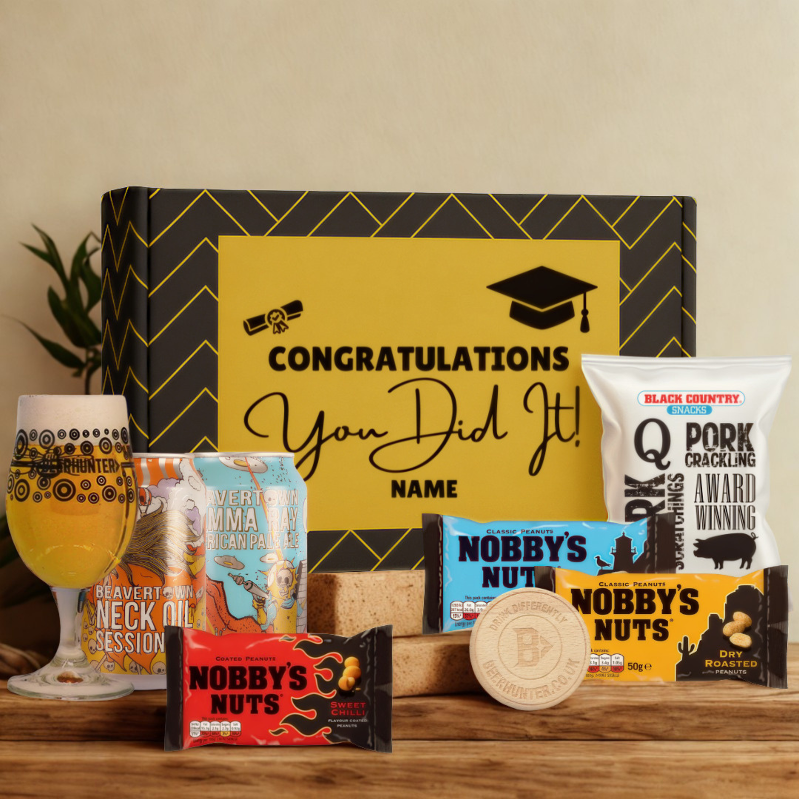 Personalised Graduation Beer Gift Set – Craft Beer Selection with Glass & Snacks (2 Pack)