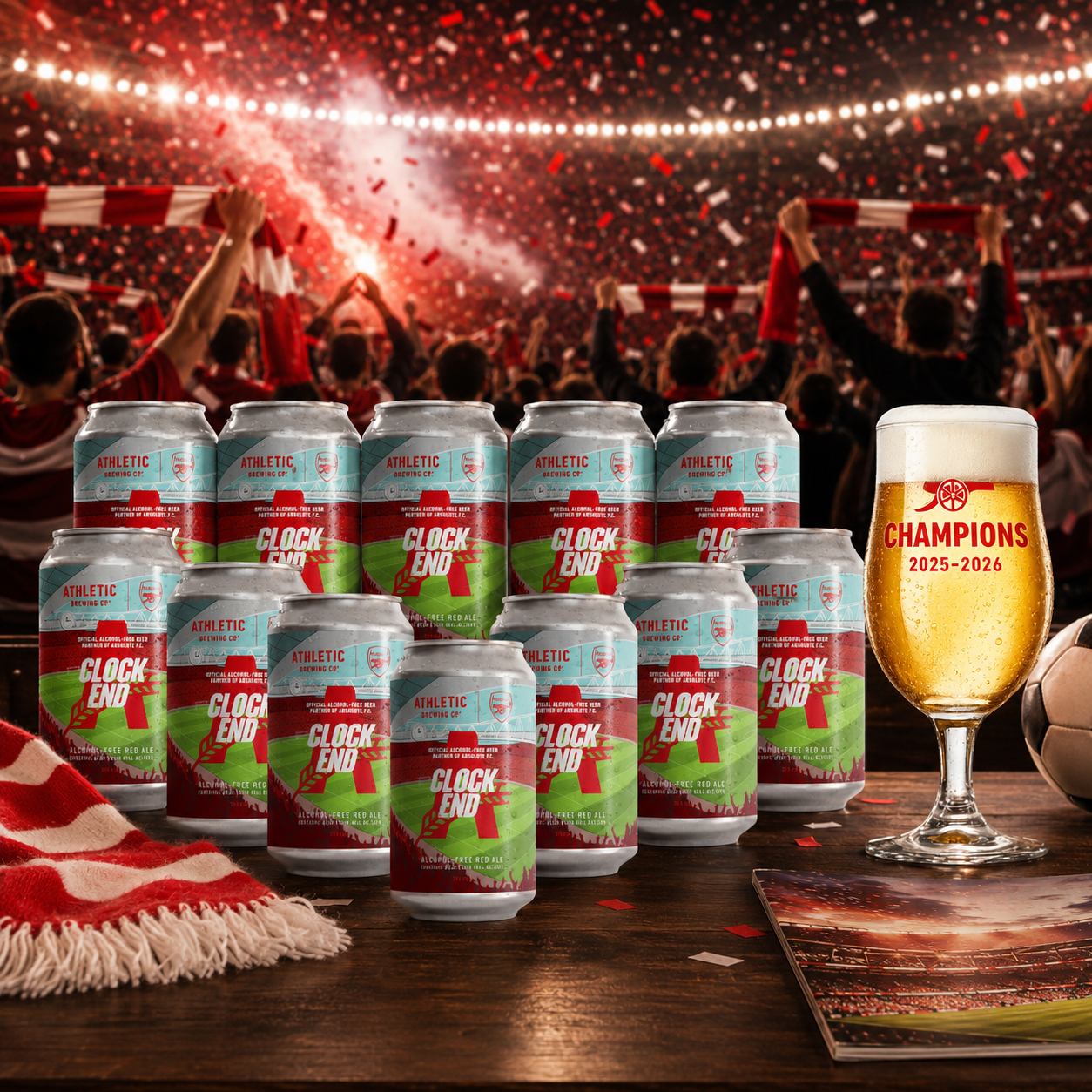 Athletic Brewing Arsenal Clock End Alcohol Free Red Ale with Champions Glass - ABV 0.5% (12 Pack)