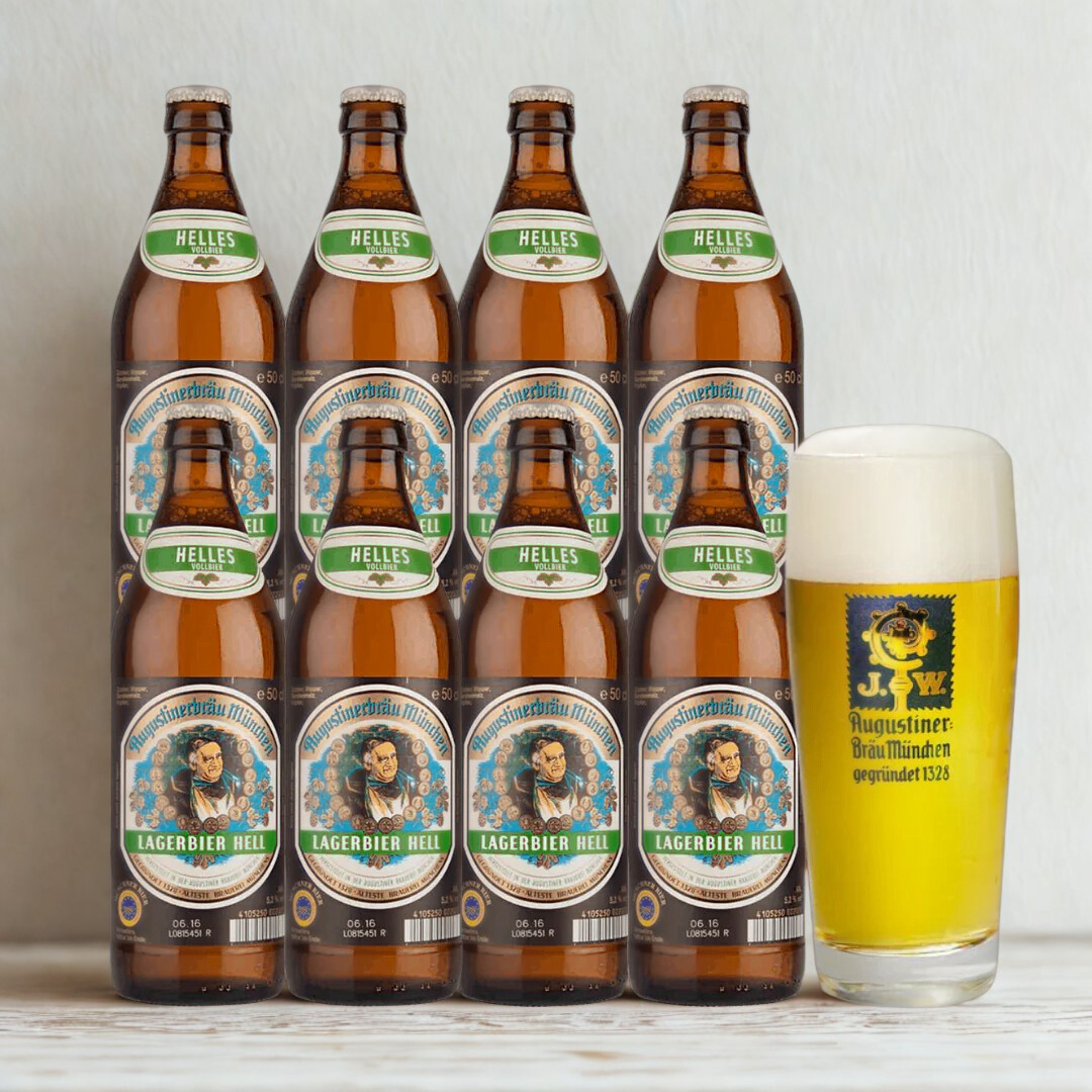 Augustiner Helles 500ml Bottles with Free Augustiner Pint Glass (8 Pack) - 5.2% ABV