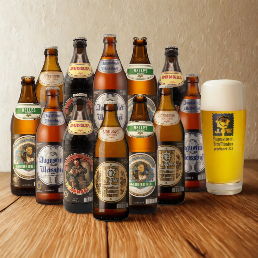 Augustiner German Lager Mixed Case (Helles, Dunkel, Weissbier & Edelstoff) with FREE Augustiner Glass - (12 Pack)