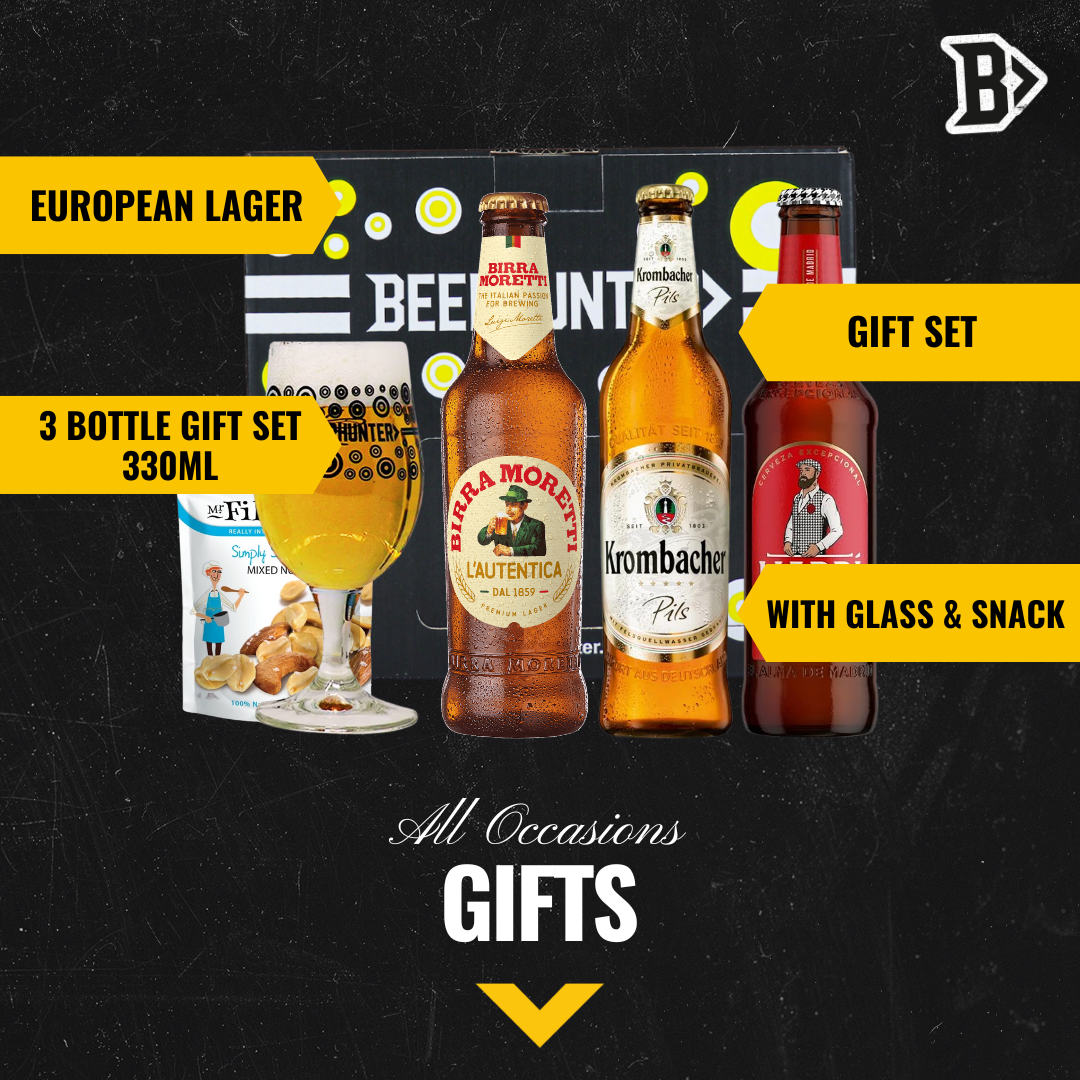Premium European Lager Gift Pack with Official Beerhunter Glass (Madri, Krombacher, Birra Moretti)