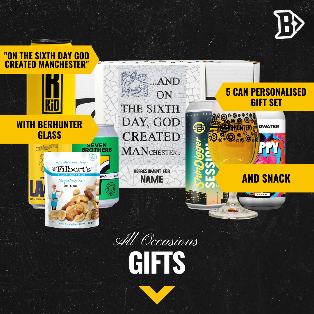 Personalised "On the Sixth Day God Created Manchester" Craft Beer 5 Can Gift Set with Glass