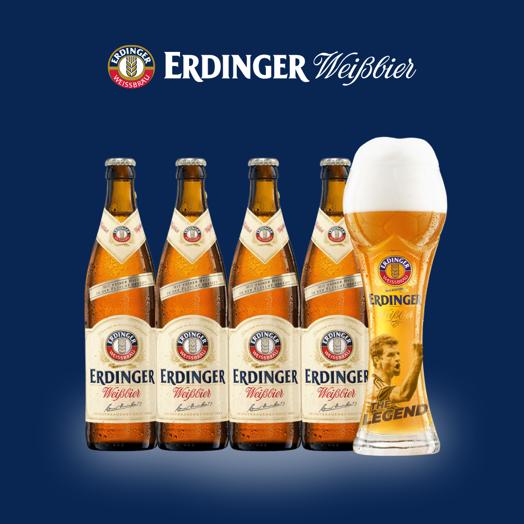 Erdinger Weissbier 500ml Bottles (4 Pack) with FREE Thomas Müller Legends Football Glass – German Wheat Beer 5.3% ABV (Copy)