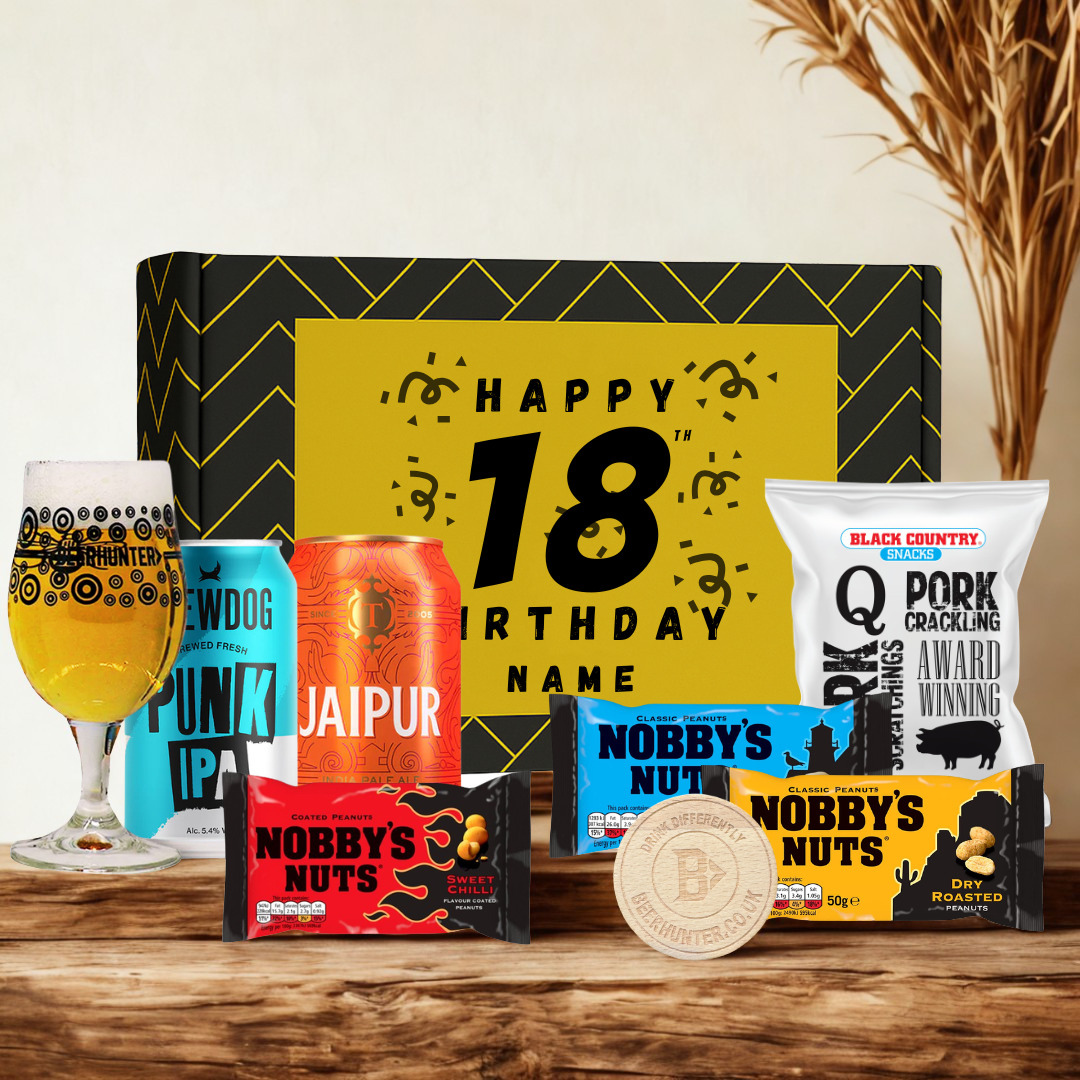 Personalised 18th Birthday Beer Gift Set – Craft Beer Selection with Glass & Snacks (2 Pack)
