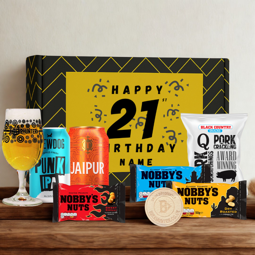 Personalised 21st Birthday Beer Gift Set – Craft Beer Selection with Glass & Snacks (2 Pack)