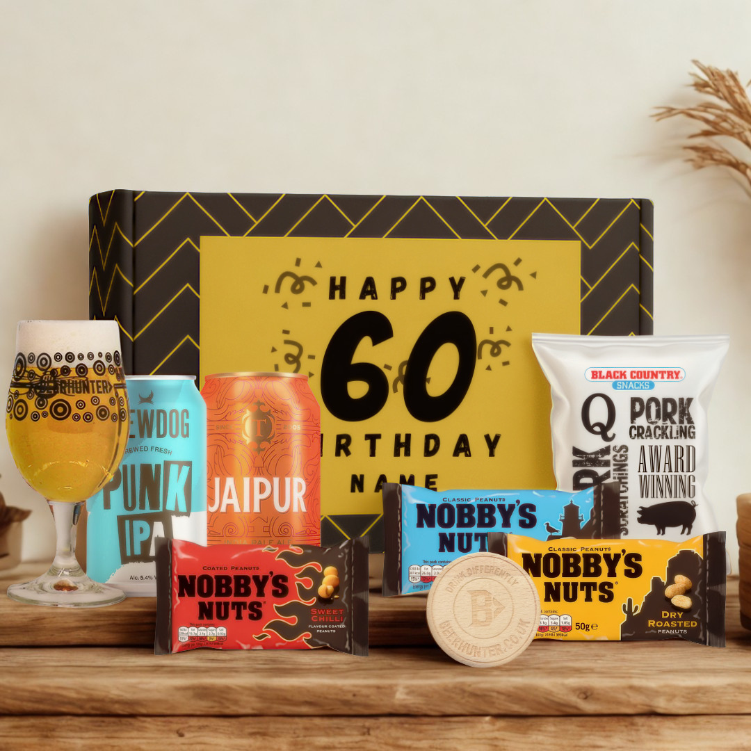 Personalised 60th Birthday Beer Gift Set – Craft Beer Selection with Glass & Snacks (2 Pack)