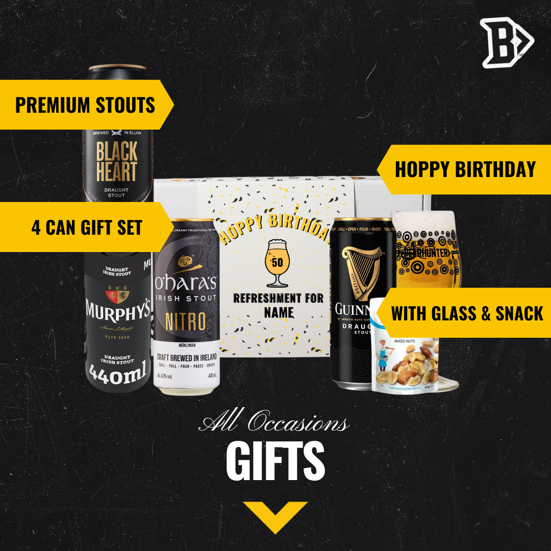 Personalised 'Hoppy Birthday' Stout Beer 4 Can Gift Pack with Glass & Snack