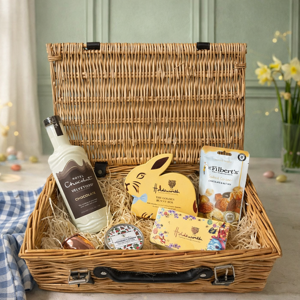 Hotel Chocolate Liqueur 14" Easter Gift Hamper with Easter Chocolates and Accessories - 50cl (12% ABV)