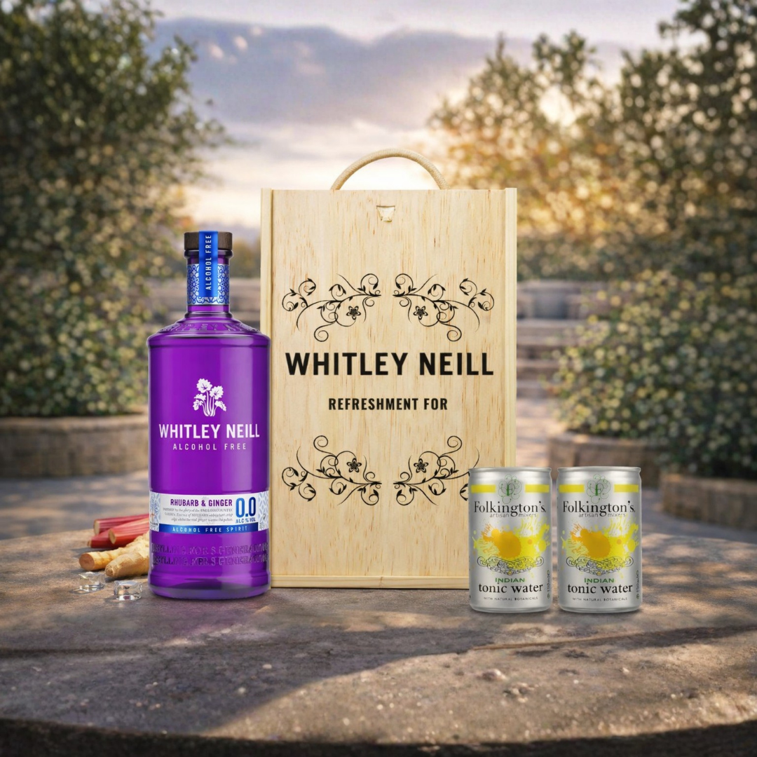 Personalised Whitley Neill Rhubarb & Ginger 0.0 Alcohol-Free Gin & Tonic Gift Set In Wooden Box – 0.0% ABV (70cl)
