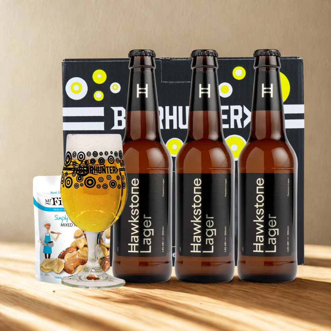 Hawkstone Lager Gift Set with Beerhunter Glass & Mr Filbert’s Snack Pack (3 Pack)