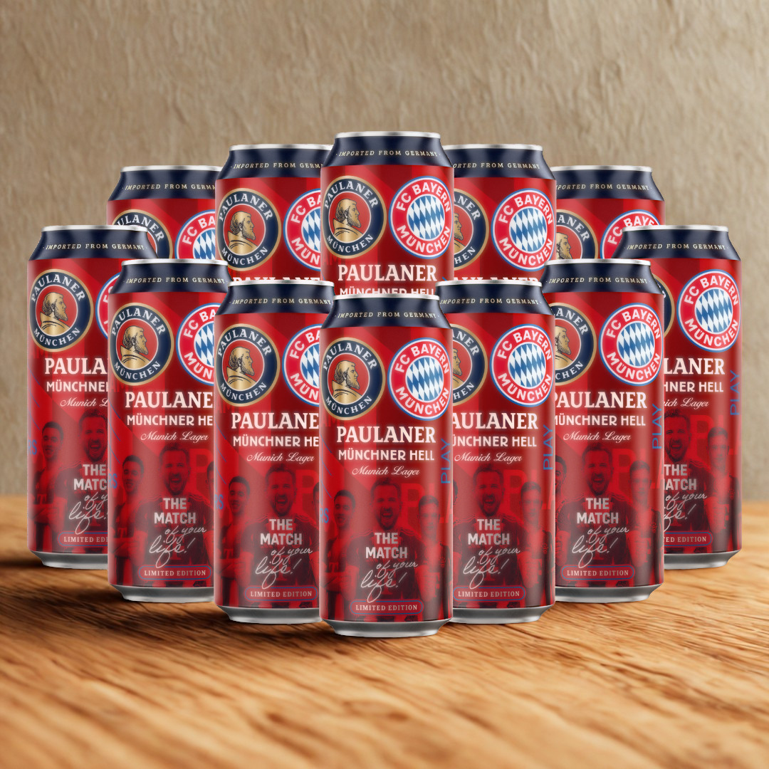 Paulaner x FC Bayern Münchner Hell Premium German Lager 500ml Cans – 4.9% ABV (Multipack)