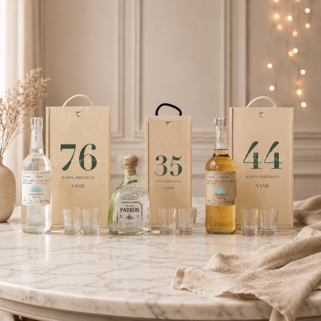 Personalised Birthday Tequila Gift Set with Shot Glasses & Personalised Lid – 70cl