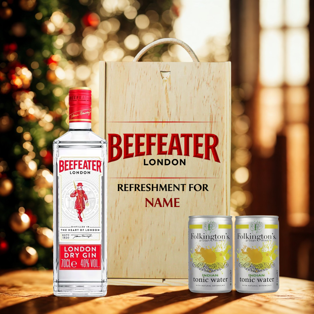 Personalised Beefeater London Dry Gin & Folkington's Tonic Gift Set in Wooden Box – 70cl