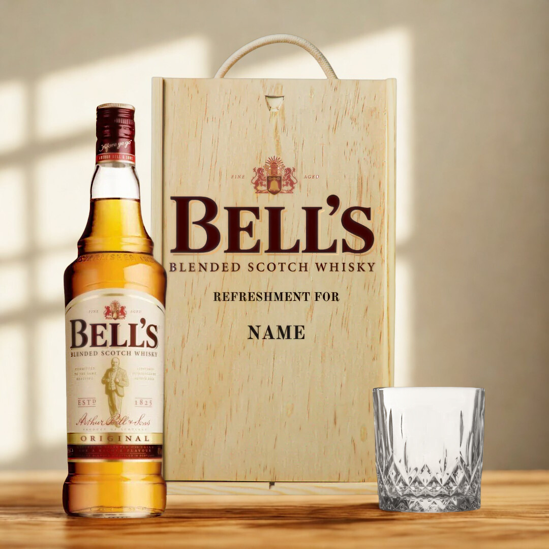 Personalised Bells Blended Scotch Whisky Gift Set In Wooden Box - 40% ABV (70cl)