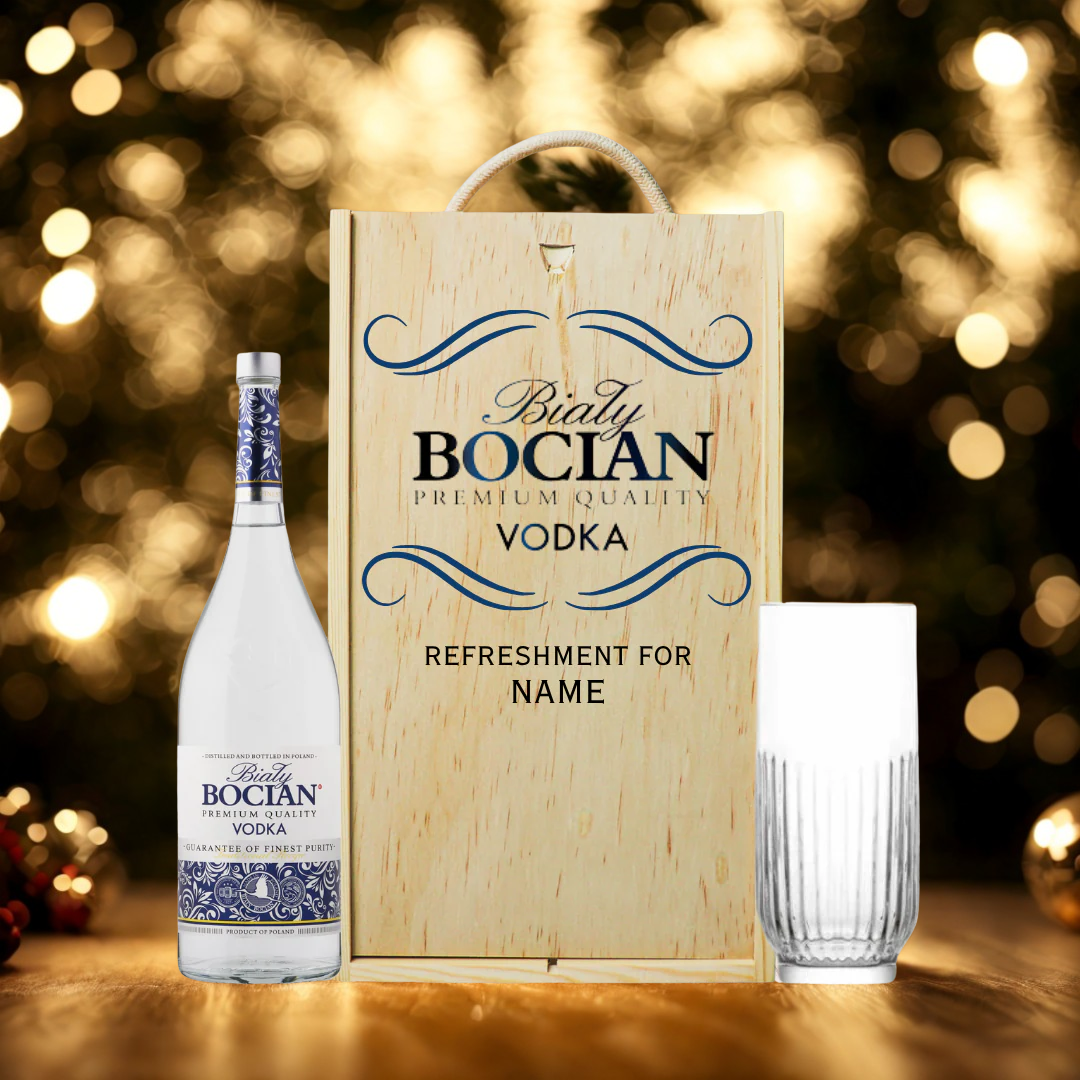 Personalised Bocian Vodka Gift Set with Glass & Wooden Box – 70cl