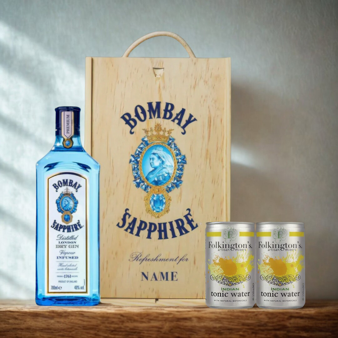 Personalised Bombay Sapphire Gin London Dry Gift Set with Folkington's Tonics - 70cl (40% ABV)