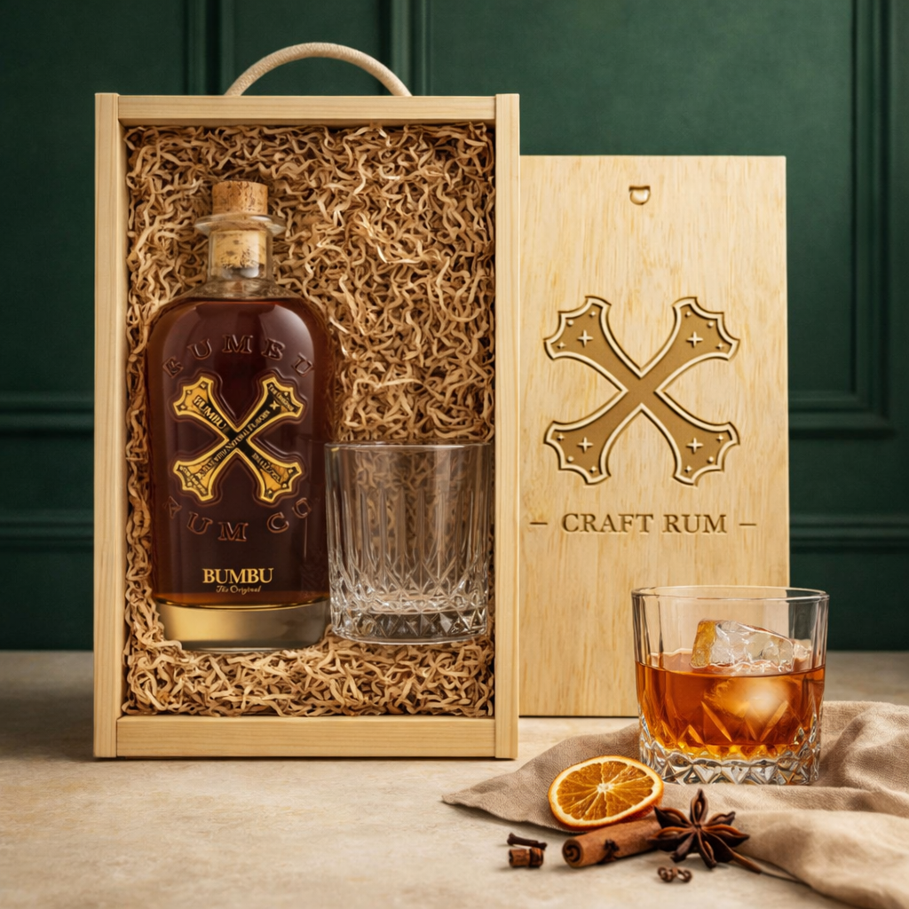 Personalised Bumbu Caribbean Rum & Glass Gift Set in Wooden Presentation Box - 70cl