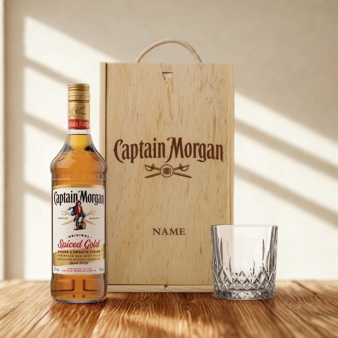 Personalised Captain Morgan Spiced Rum Gift Set in a Wooden Box (70cl)