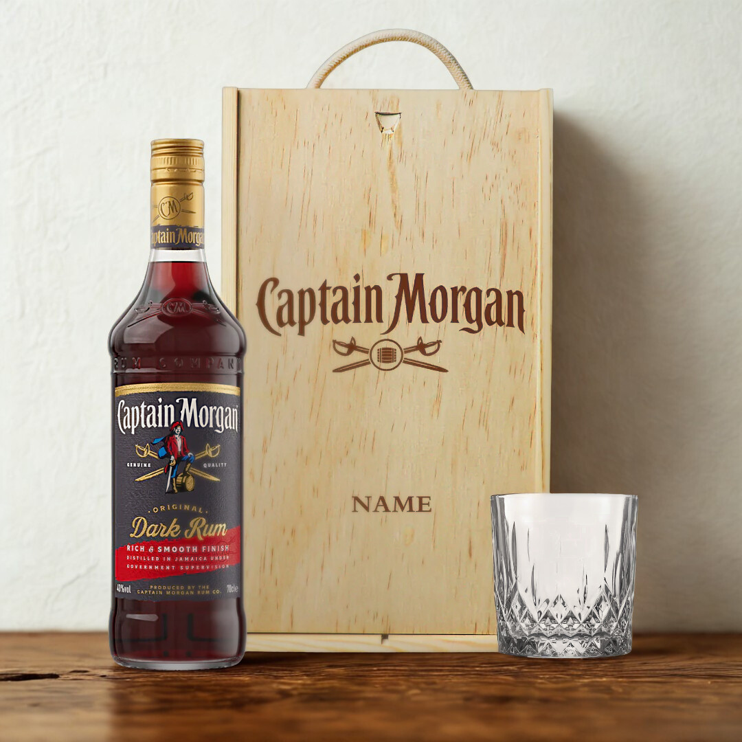 Personalised Captain Morgans Dark Rum Gift Set in Wooden Box - 70cl