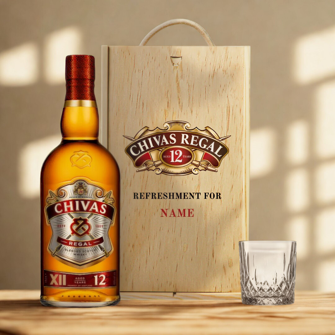 Personalised Chivas Regal 12 Year Scotch Whiskey Gift Set in Wooden Box - 40% ABV (70cl)