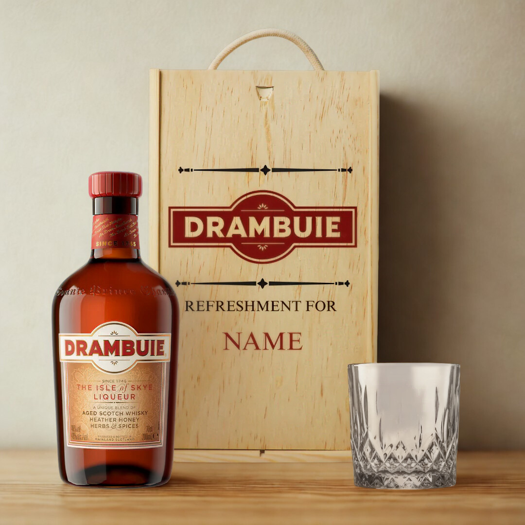 Personalised Drambuie Scotch Whisky Liqueur Gift Set with Whisky Glass in Wooden Box - 50cl (40%)