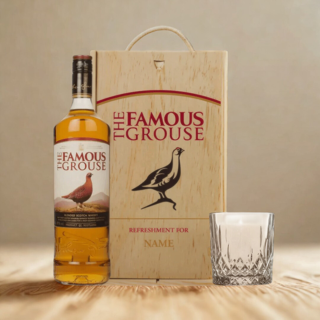Personalised Famous Grouse Single Grain Whisky in Wooden Box 70CL (40% ABV)