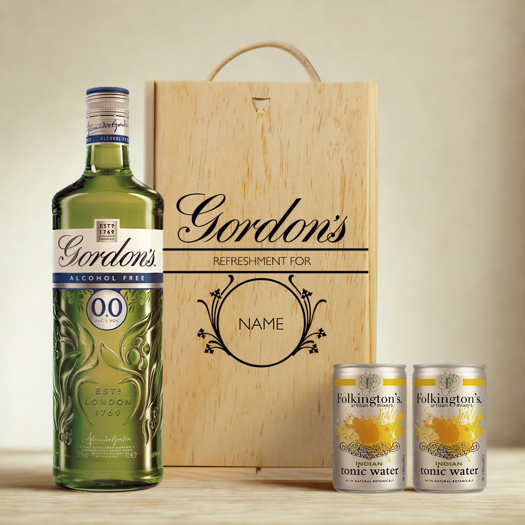 Personalised Gordon’s Original 0.0 Alcohol-Free Gin & Tonic Gift Set In Wooden Box – 0.0% ABV (70cl)