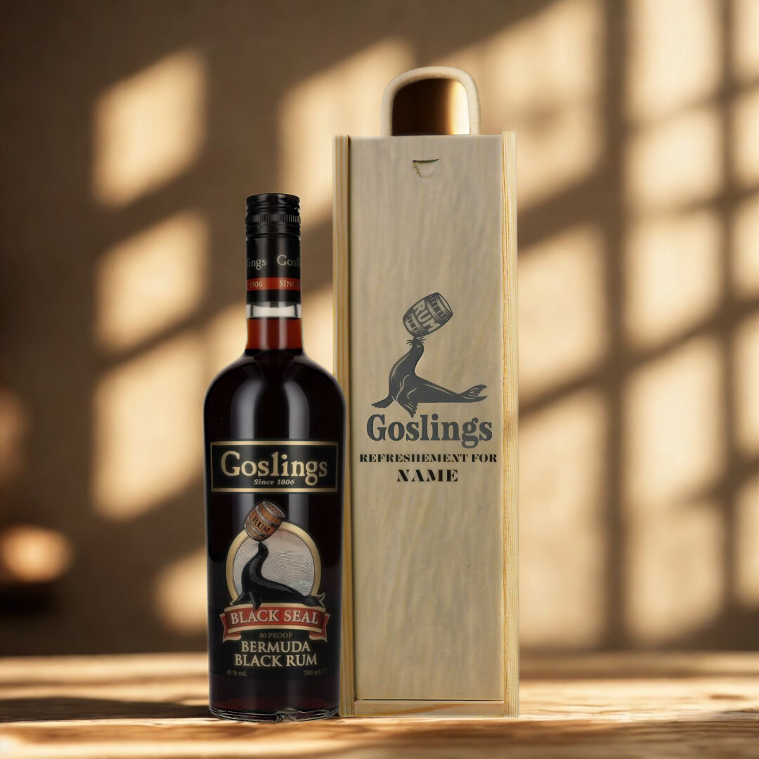 Personalised Goslings Black Seal Rum Gift Set in Wooden Box – 70cl