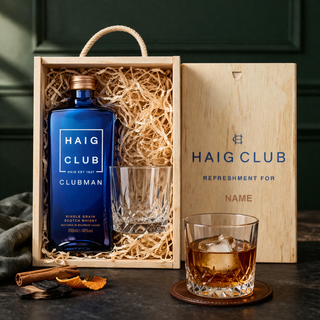 Personalised Haig Club Clubman Single Grain Scotch Whisky with Glass in Wooden Box 70cl (40% ABV)
