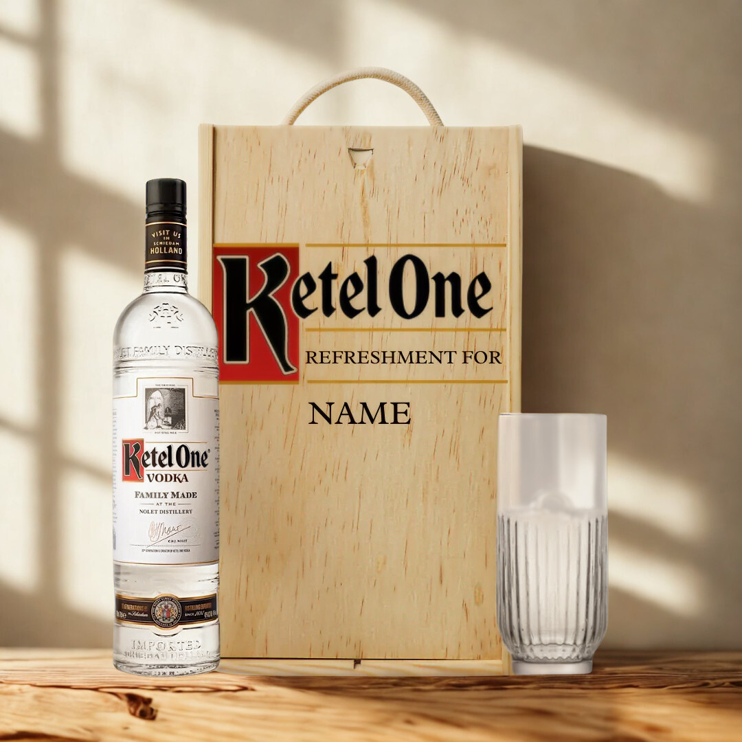 Personalised Ketel One Vodka Gift Set with Glass & Wooden Box – 70cl