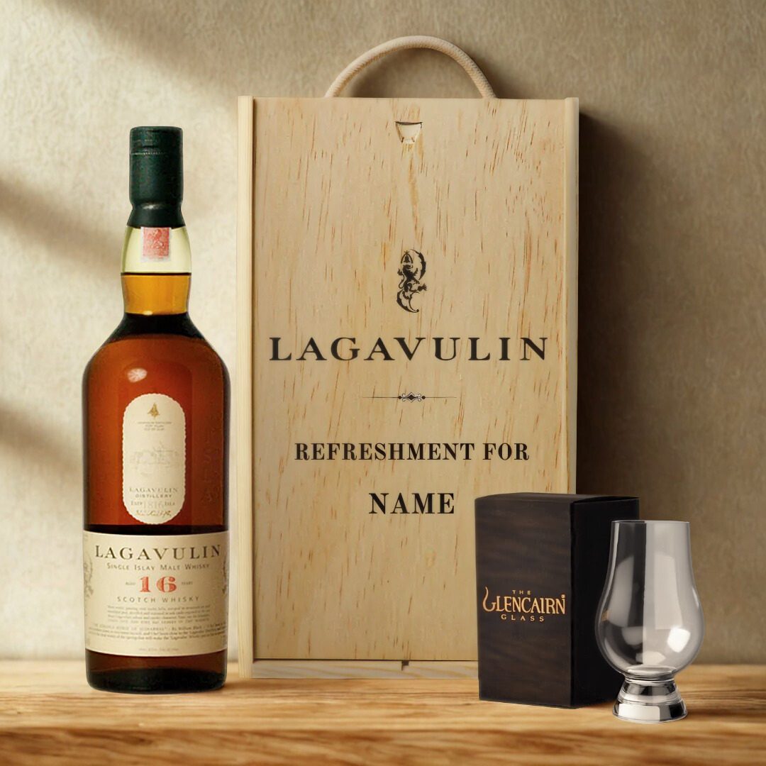 Personalised Lagavulin Single Malt Scotch Whisky with Glencairn Glass Gift Set in Wooden Box - 43% ABV (70cl)