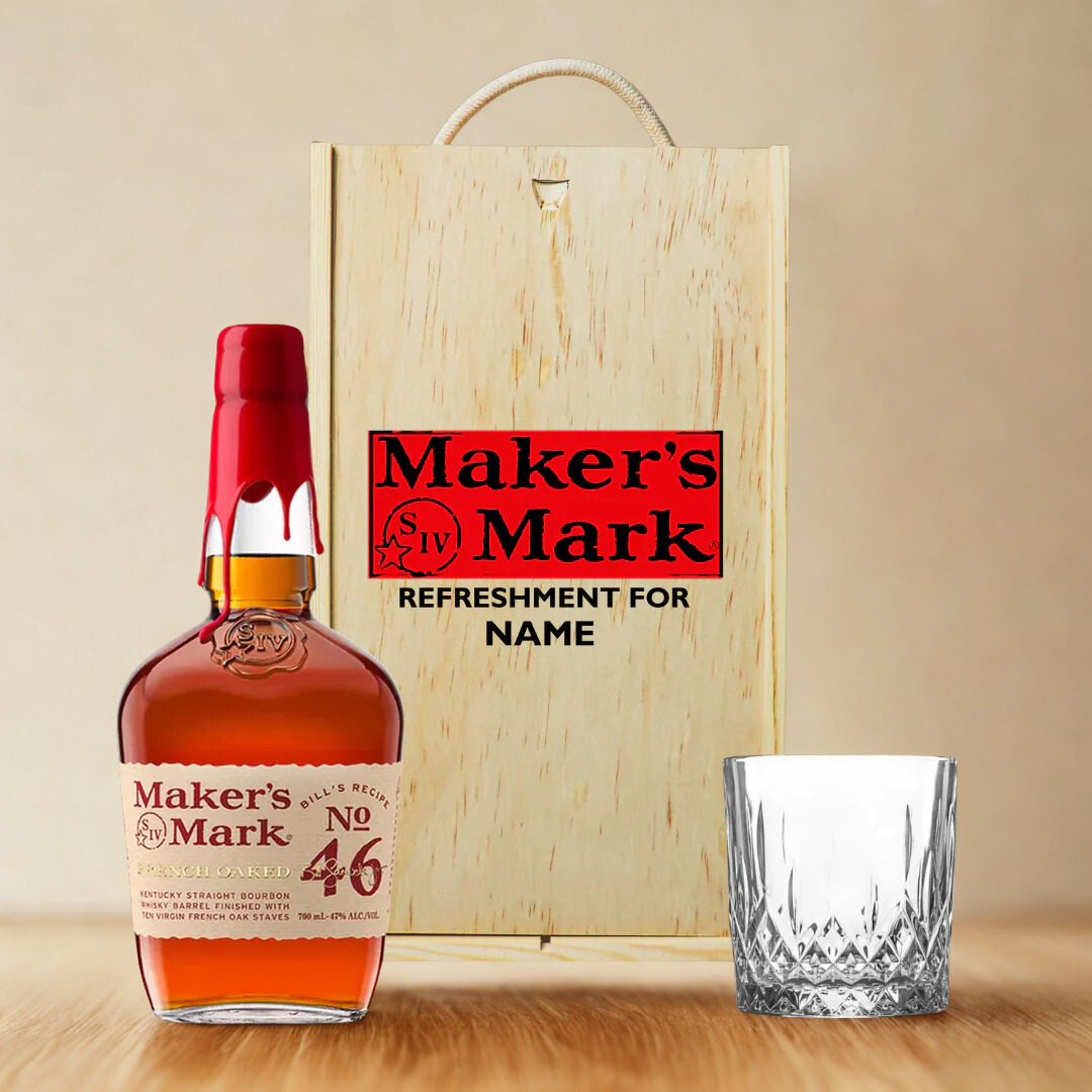 Personalised Maker’s Mark Bourbon Whiskey Gift Set with Glass – 70cl (45% ABV)