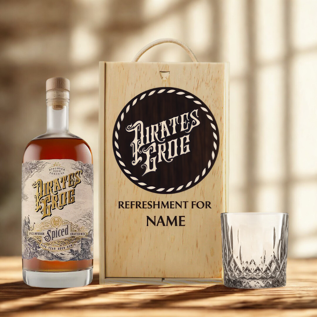 Personalised Pirate's Grog Spiced Rum with Glass in Wooden Box Gift Set