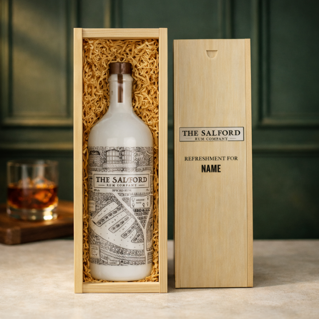 Personalised Salford Spiced Rum Gift Set in Wooden Box – 70cl