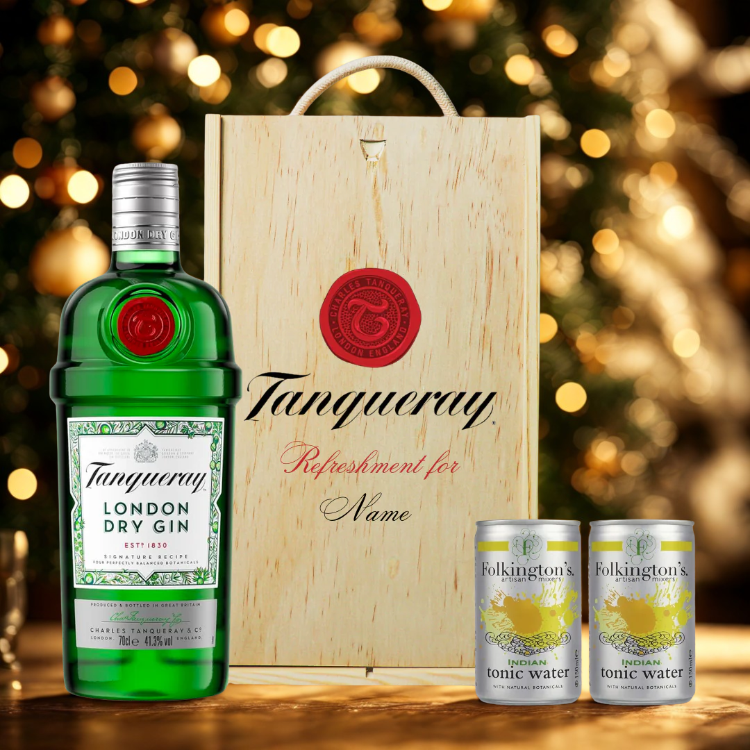 Personalised Tanqueray London Dry Gin Gift Set In Wooden Box - 47.3 ABV (70cl)