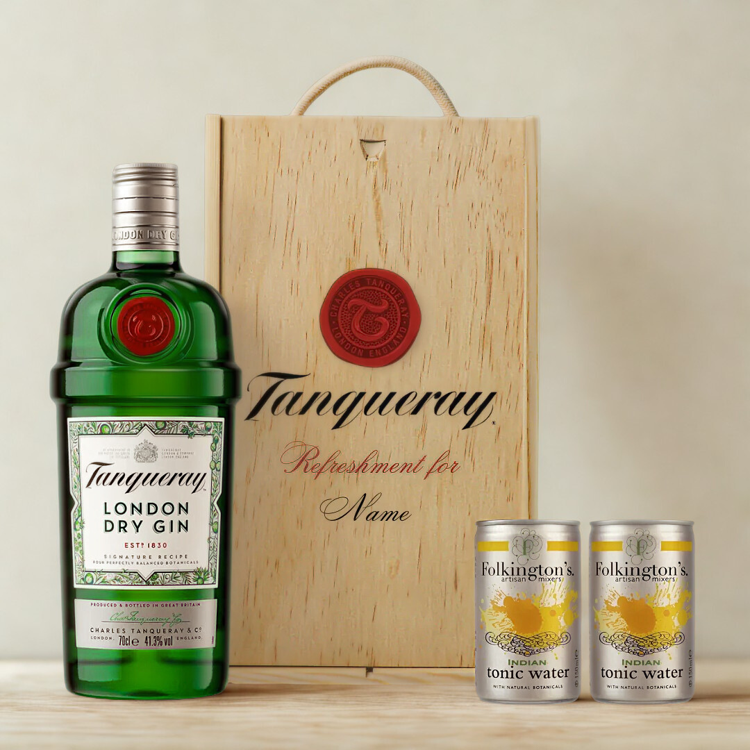Personalised Tanqueray London Dry Gin Gift Set In Wooden Box - 47.3 ABV (70cl)