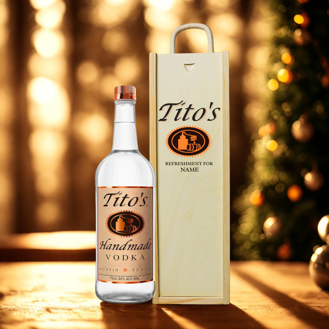 Personalised Tito’s Handmade Vodka Gift Set in Wooden Box – 70cl