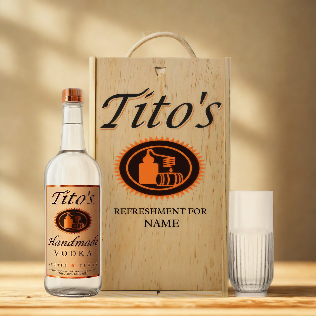 Personalised Tito’s Handmade Vodka Gift Set with Vodka Glass & Wooden Box – 70cl