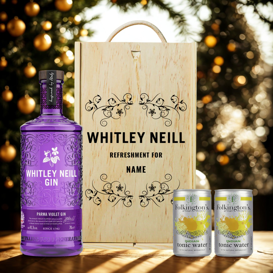 Personalised Whitley Neill Parma Violet Gin Gift Set in Wooden Presentation Gift Box - 70cl