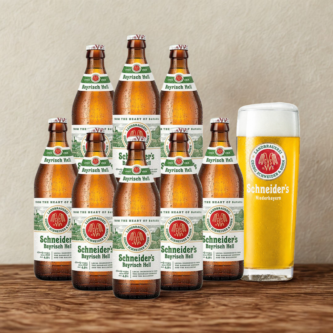 Schneider's Bayrisch Hells German Lager 500ml Bottles with Official Schneider Pint Glass - 4.9% ABV (8 Pack)