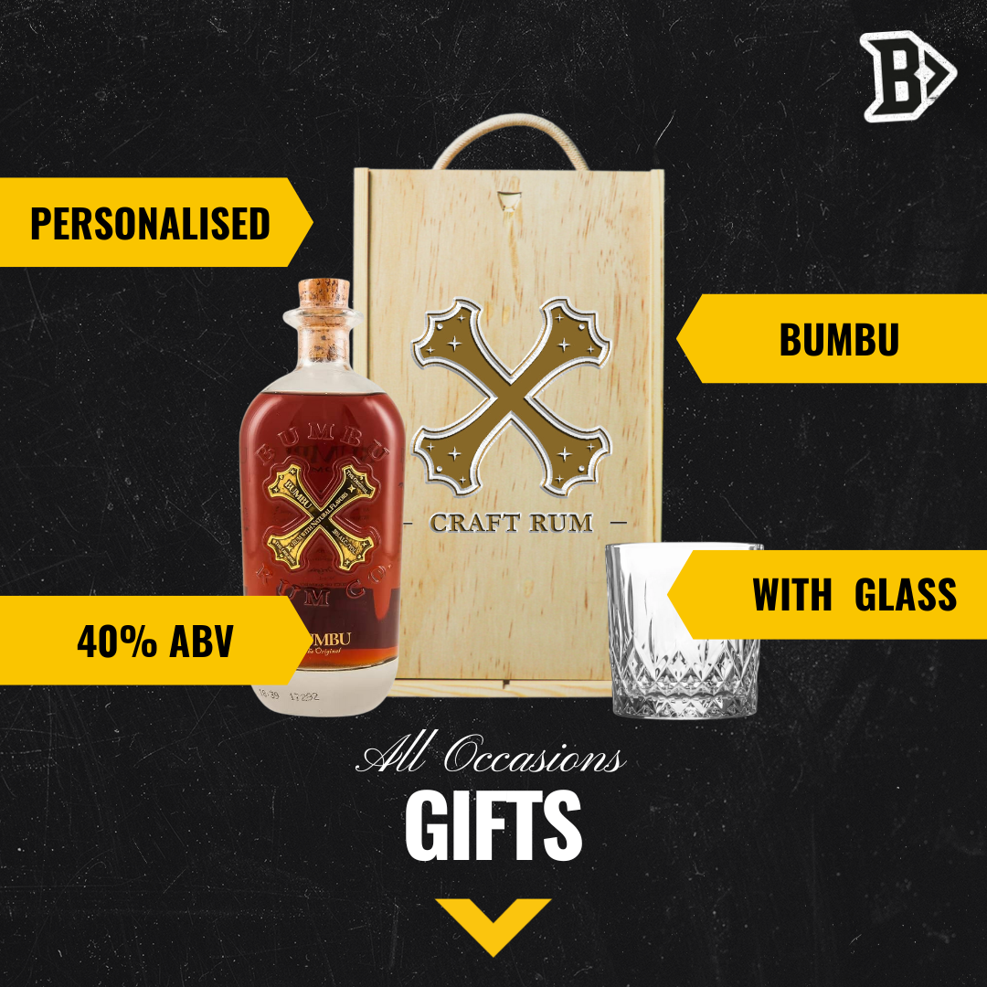 Personalised Bumbu Caribbean Rum & Glass Gift Set in Wooden Presentation Box - 70cl