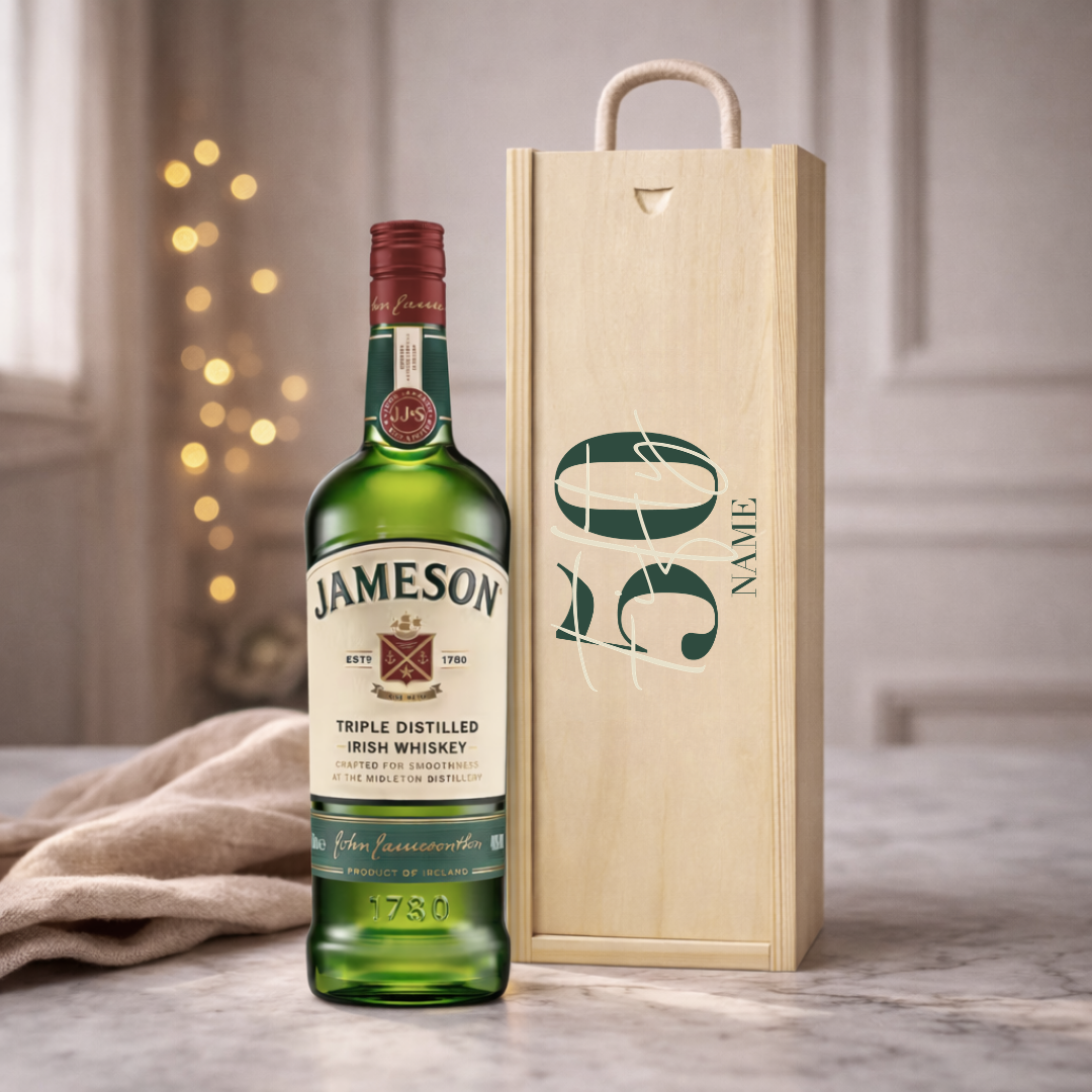 Personalised 50th Birthday Jameson Irish Whiskey Gift Set – 70cl Triple Distilled Whiskey with Personalised Lid